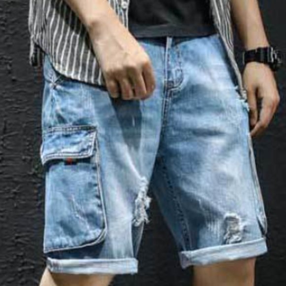 Stretch denim shorts men's slim straight - Picture 2 of 3